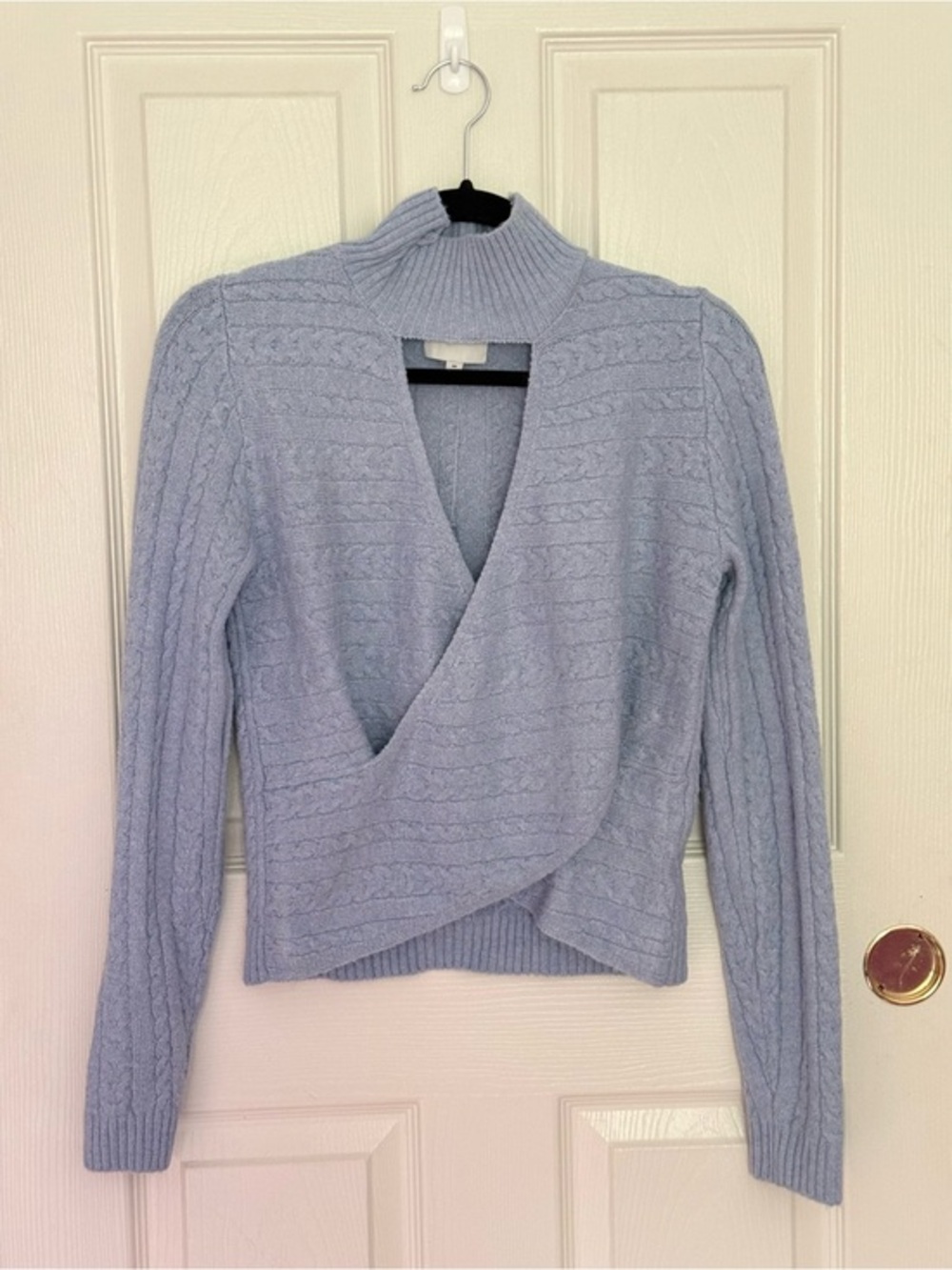 Women’s Light Blue Cable Knit Wrap Turtleneck Sweater